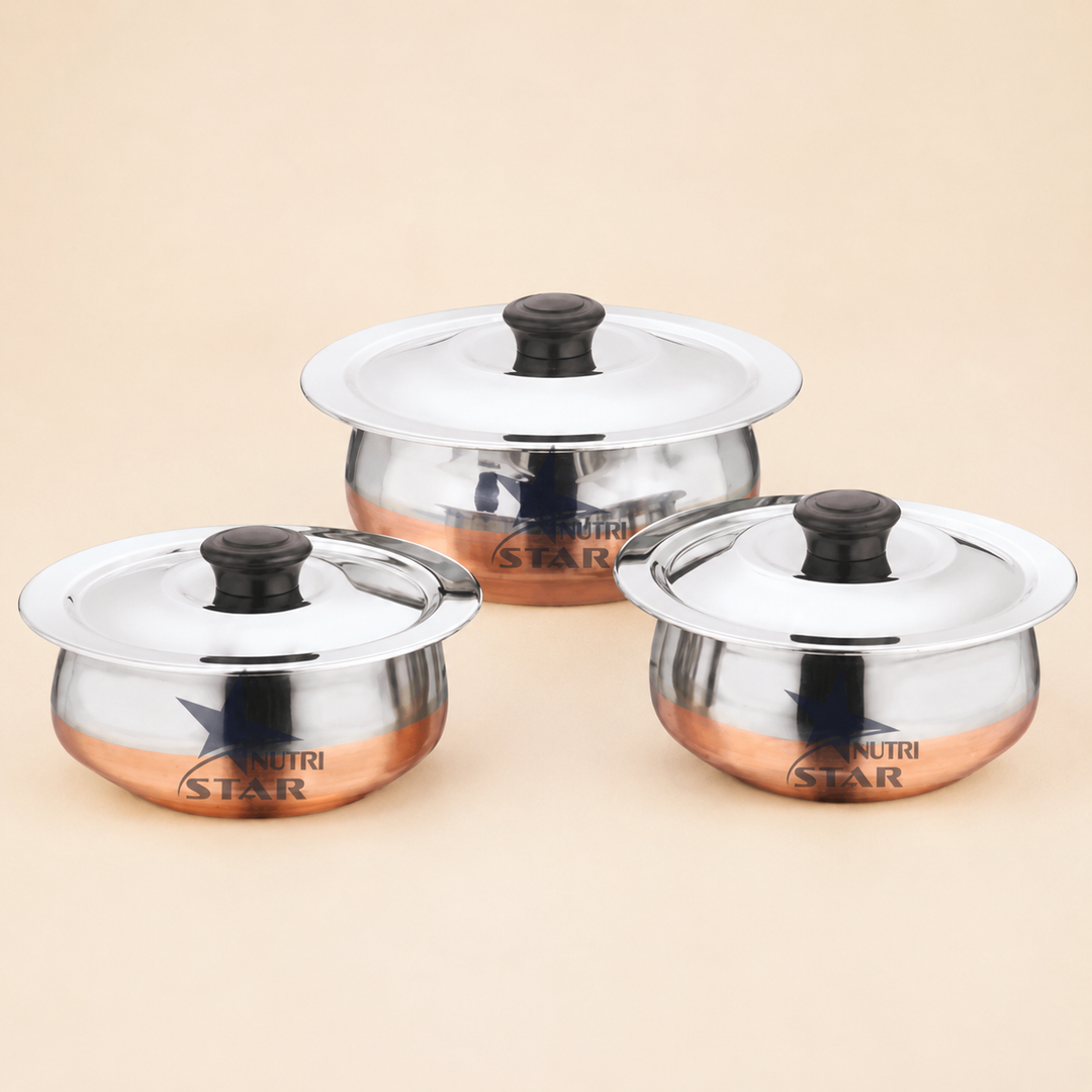 Nutristar stainless steel serving handi set with copper bottom and lids 3 piece