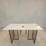 Marble Finish Dining Table with Designer Metal Frame Base