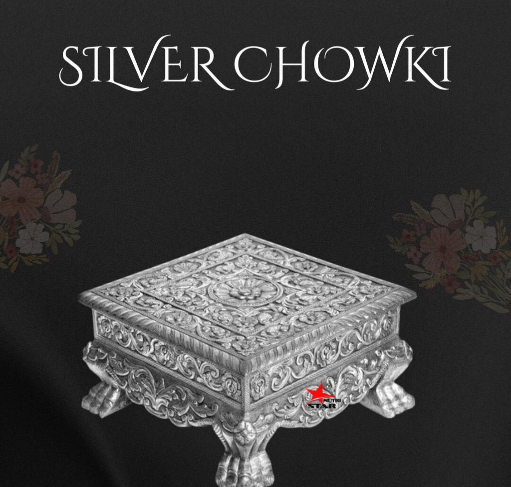 Silver Chowki | Heavy German Silver Pooja Chowki with Antique Finish