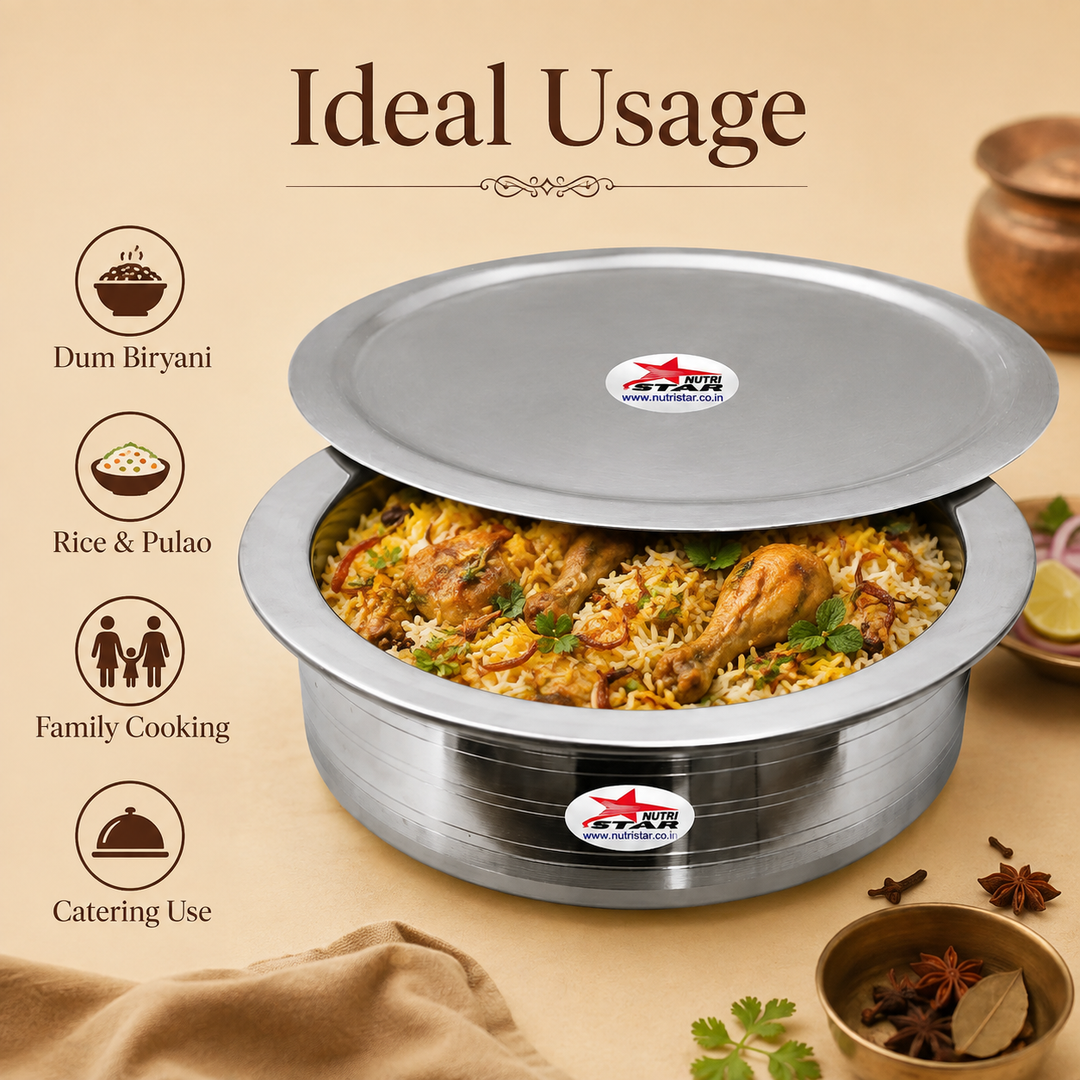 Biryani Handi with Lid, Cooking Handi for Hyderabadi Dum Biryani Heavy Gauge, Hotel Cookware, Biryani Handi with Collar.