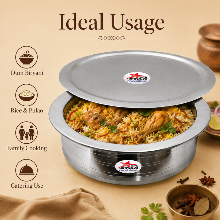 Biryani Handi with Lid, Cooking Handi for Hyderabadi Dum Biryani Heavy Gauge, Hotel Cookware, Biryani Handi with Collar.