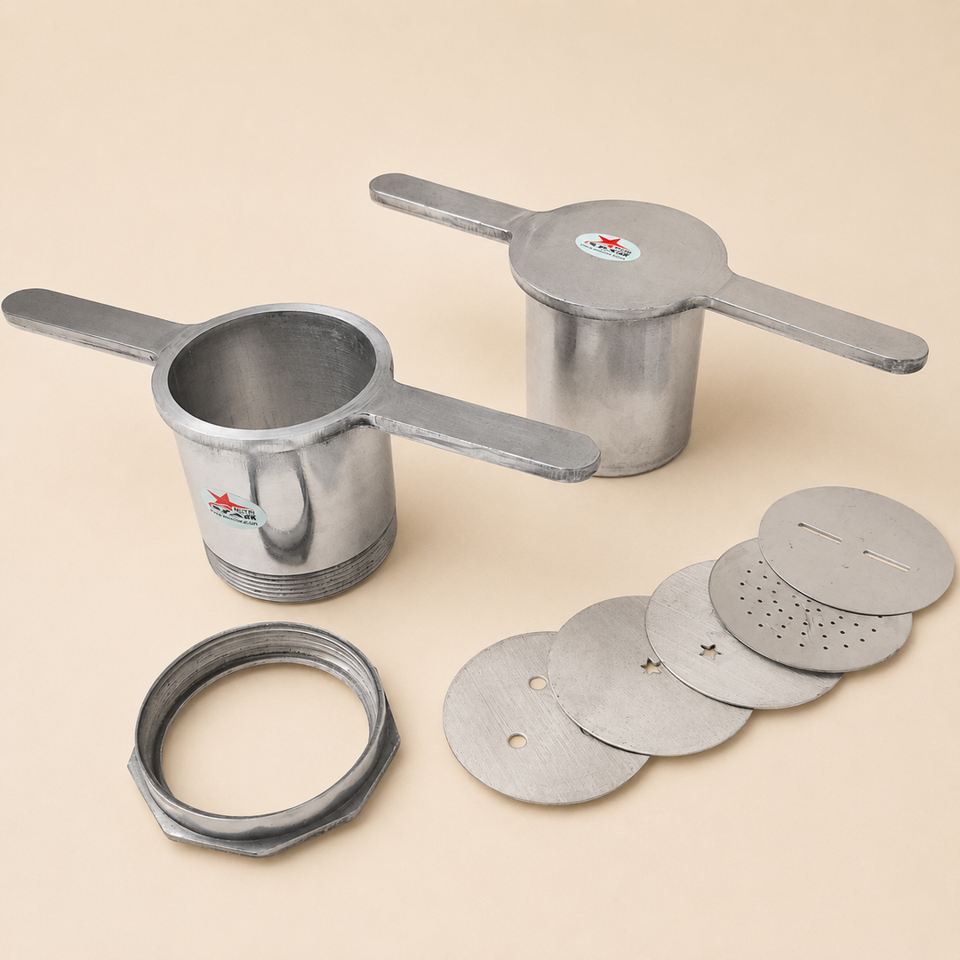 Nutristar aluminium sev sancha and chakli maker with manual press, locking ring and interchangeable jali discs