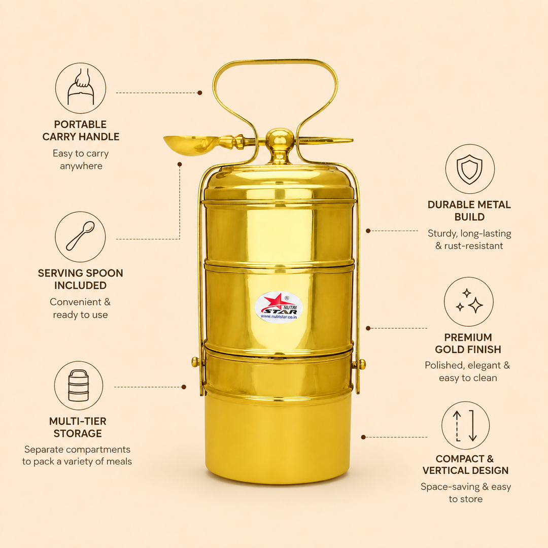 Nutristar brass 3-tier tiffin box with stackable food containers, lid, locking frame and carry handle