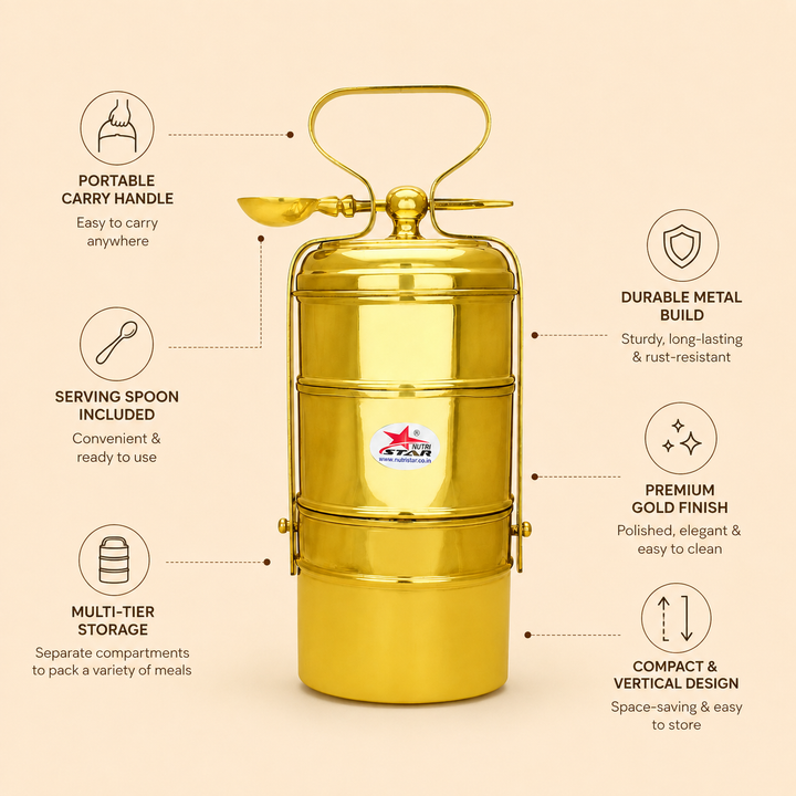 Nutristar brass 3-tier tiffin box with stackable food containers, lid, locking frame and carry handle