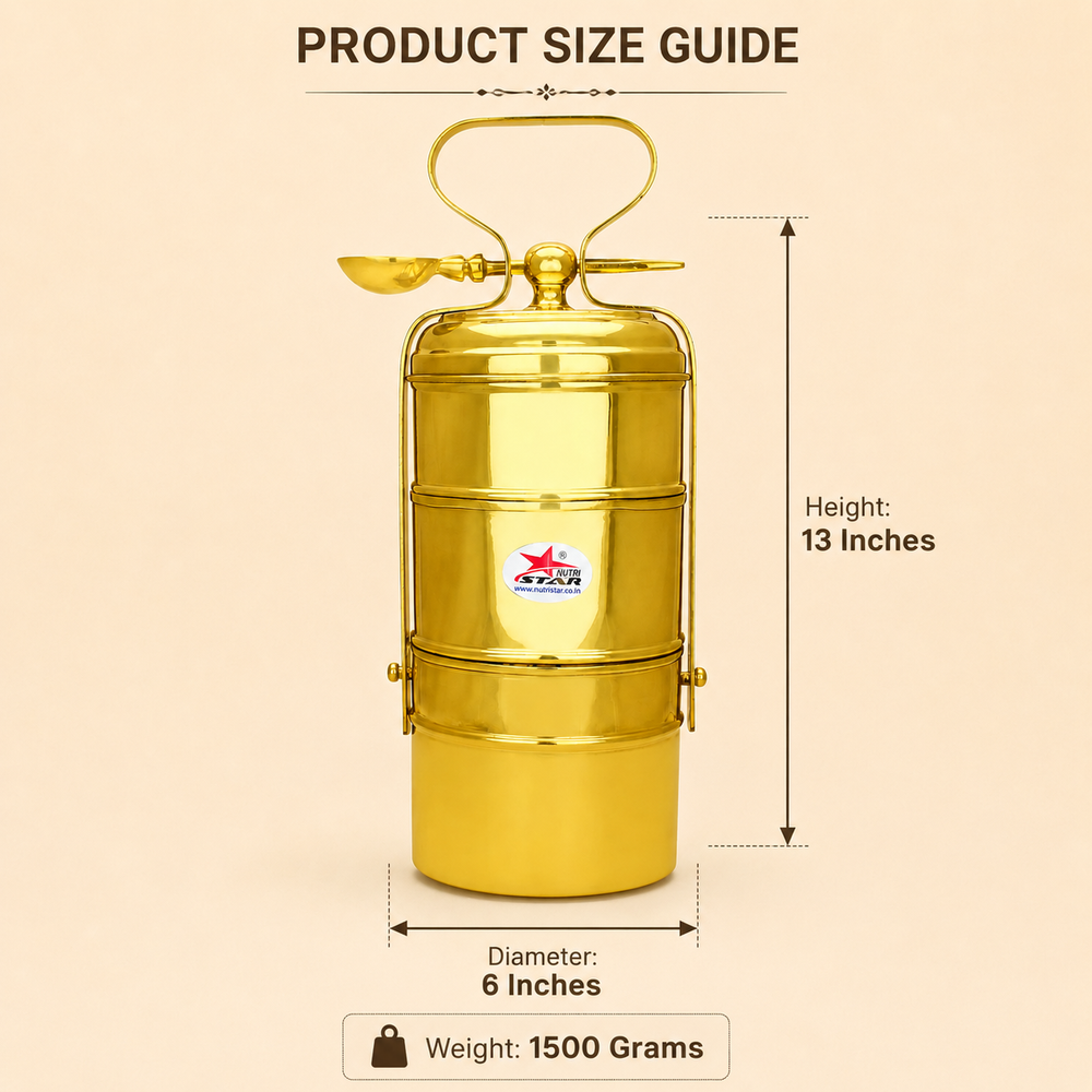 Nutristar brass 3-tier tiffin box with stackable food containers, lid, locking frame and carry handle