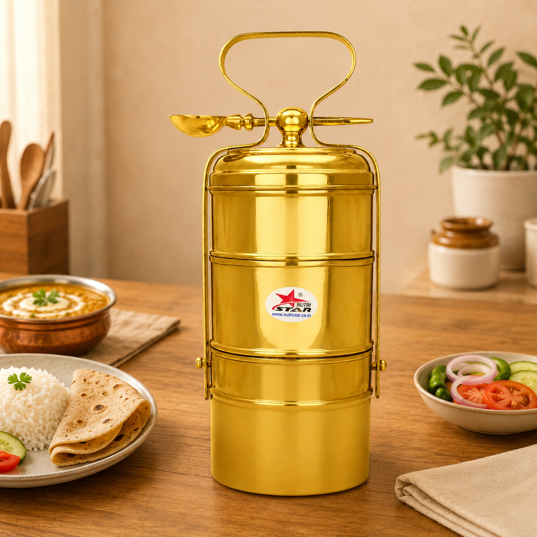 Nutristar brass 3-tier tiffin box with stackable food containers, lid, locking frame and carry handle