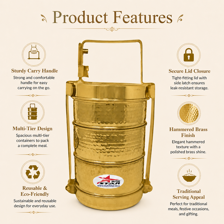 Nutristar brass 3-tier tiffin box with stackable food containers, lid, locking frame and carry handle