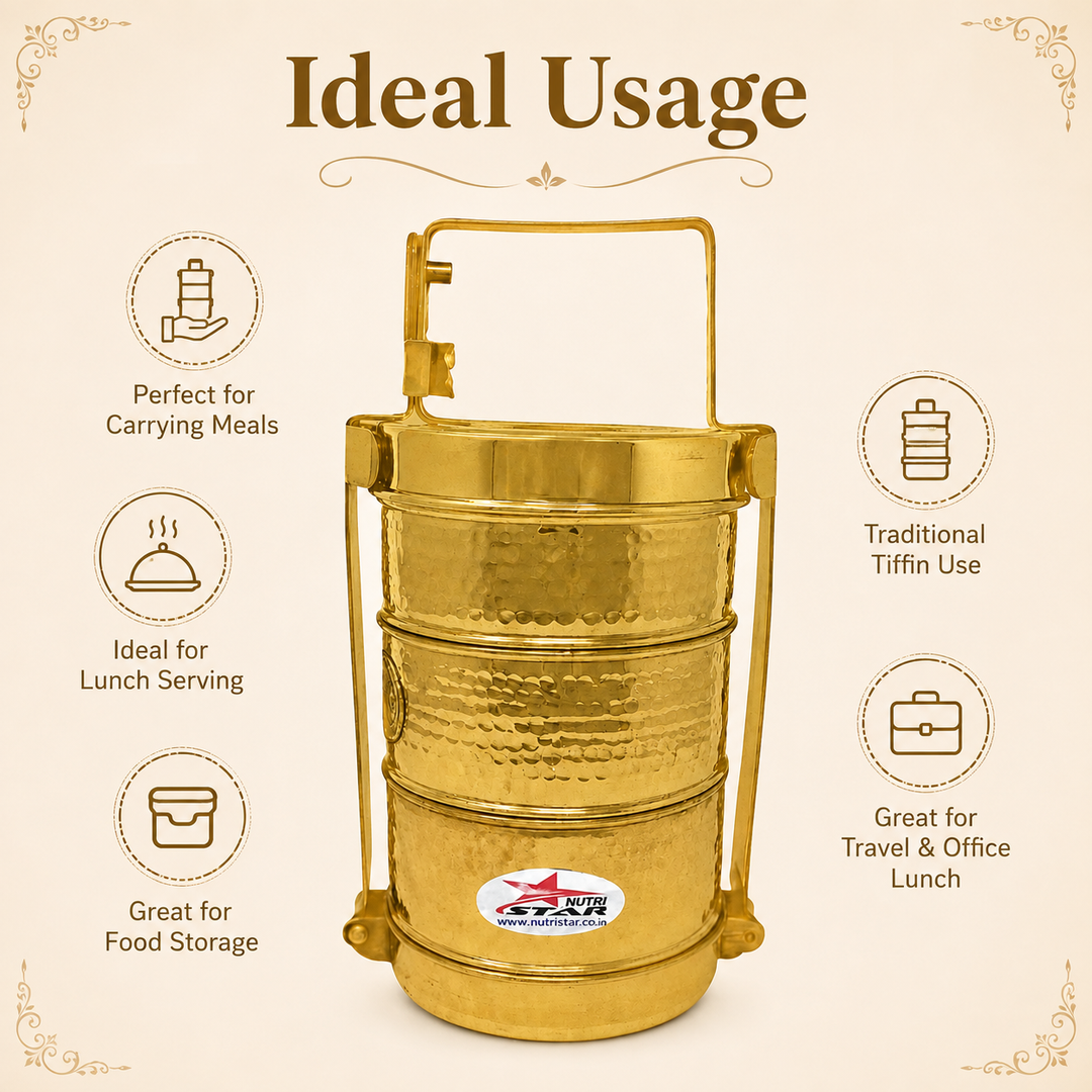 Nutristar brass 3-tier tiffin box with stackable food containers, lid, locking frame and carry handle