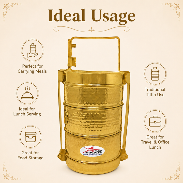 Nutristar brass 3-tier tiffin box with stackable food containers, lid, locking frame and carry handle
