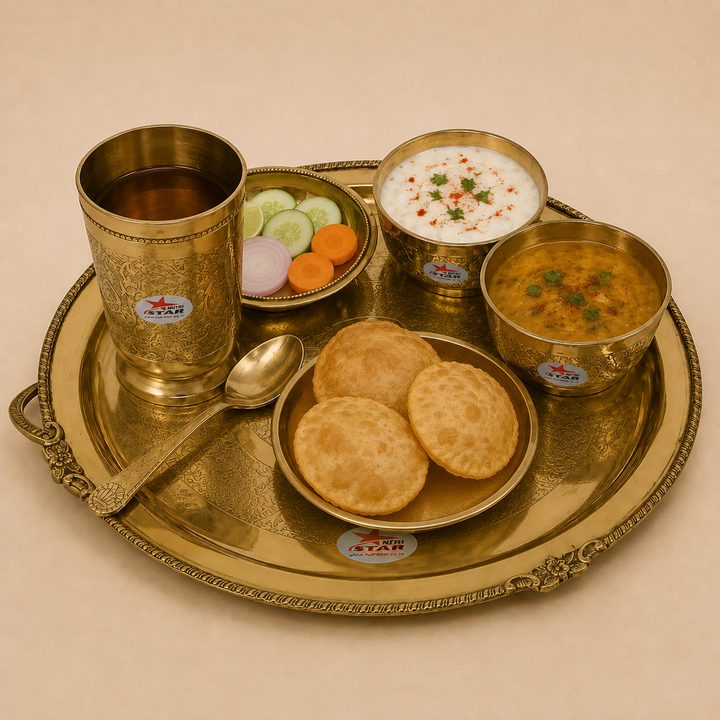 Nutristar 6 piece brass dinner set with large thali, three bowls, drinking glass, spoon and fork