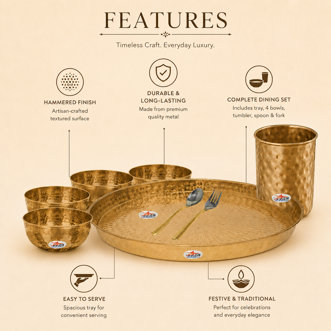 Nutristar 8 piece brass dinner set with large thali, four bowls, drinking glass, spoon and fork