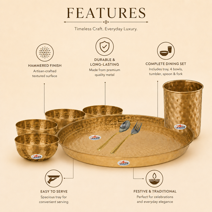 Nutristar 8 piece brass dinner set with large thali, four bowls, drinking glass, spoon and fork