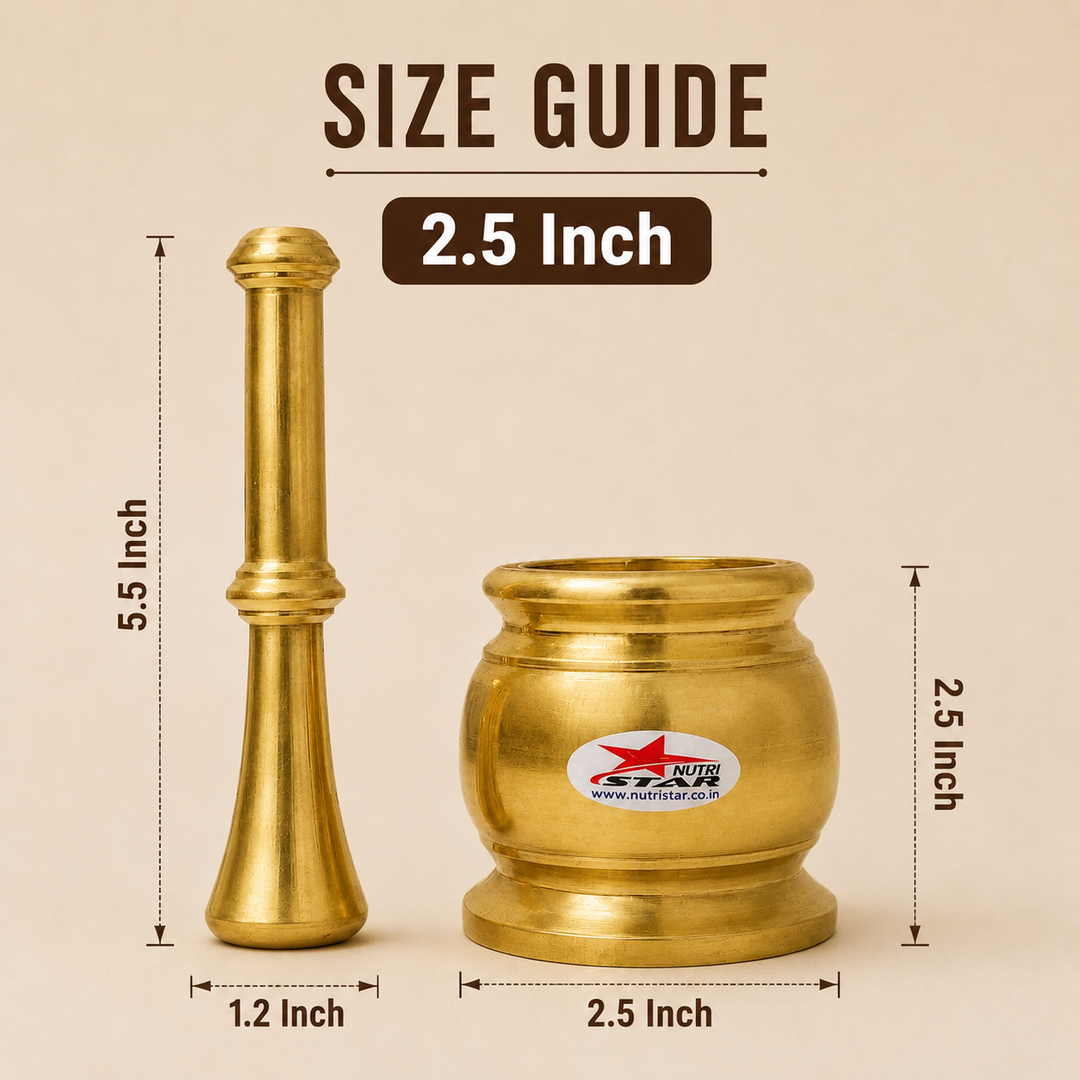 Nutristar brass mortar and pestle Khalbatta set with deep grinding bowl and long pestle