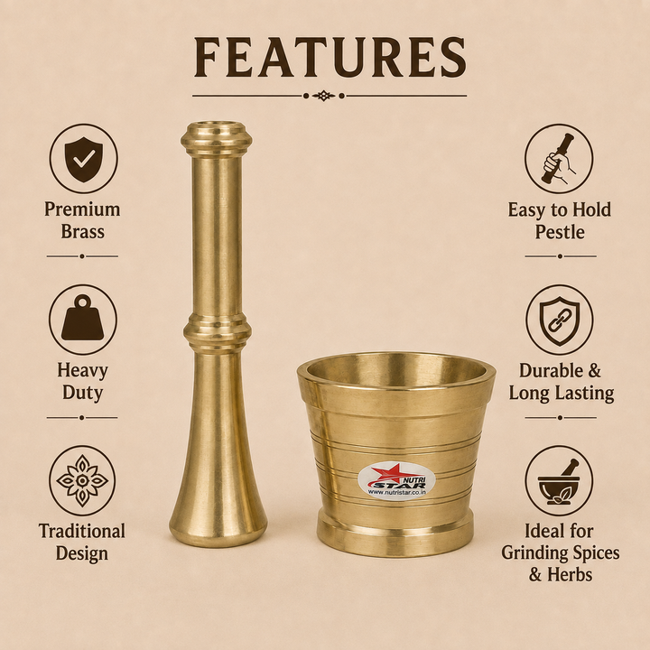 Nutristar brass mortar and pestle Khalbatta available in 3 inch, 3.5 inch and 4.5 inch sizes