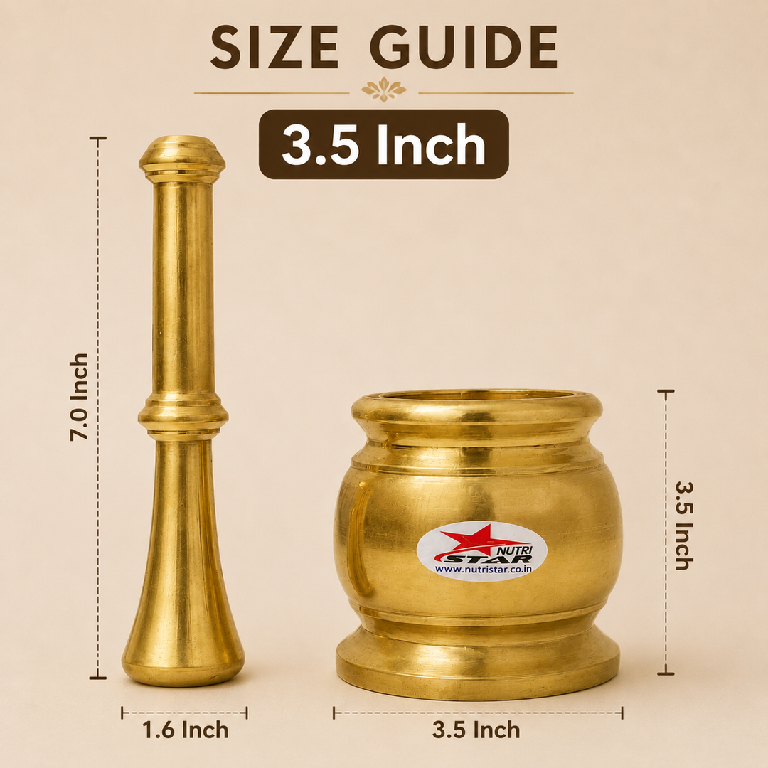Nutristar brass mortar and pestle Khalbatta set with deep grinding bowl and long pestle