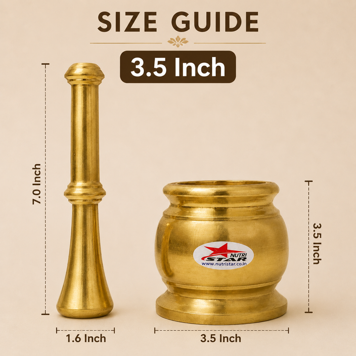 Nutristar brass mortar and pestle Khalbatta set with deep grinding bowl and long pestle