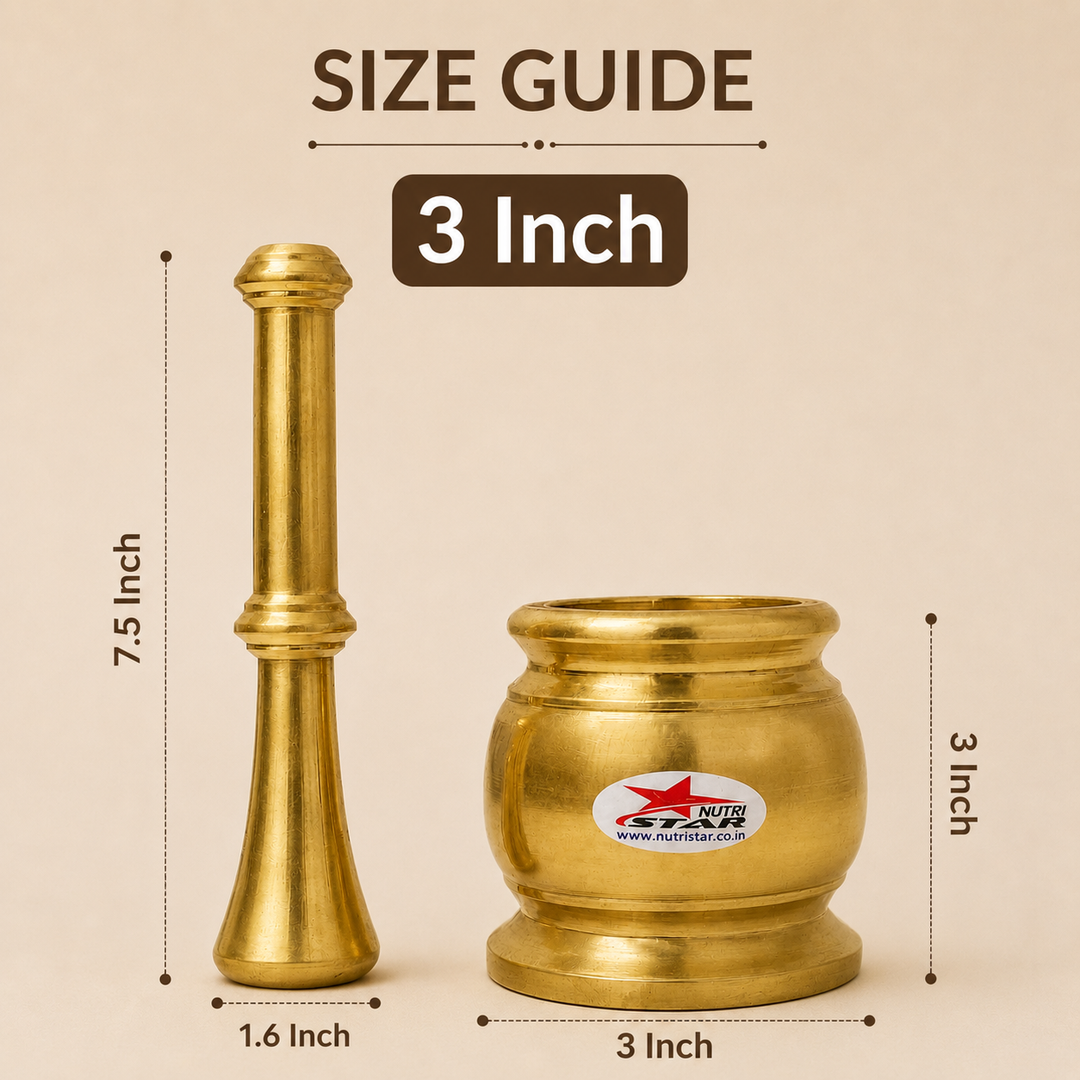 Nutristar brass mortar and pestle Khalbatta set with deep grinding bowl and long pestle