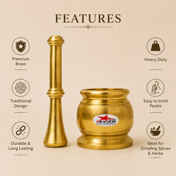 Nutristar brass mortar and pestle Khalbatta set with deep grinding bowl and long pestle