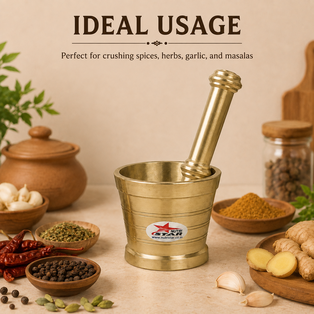 Nutristar brass mortar and pestle Khalbatta available in 3 inch, 3.5 inch and 4.5 inch sizes