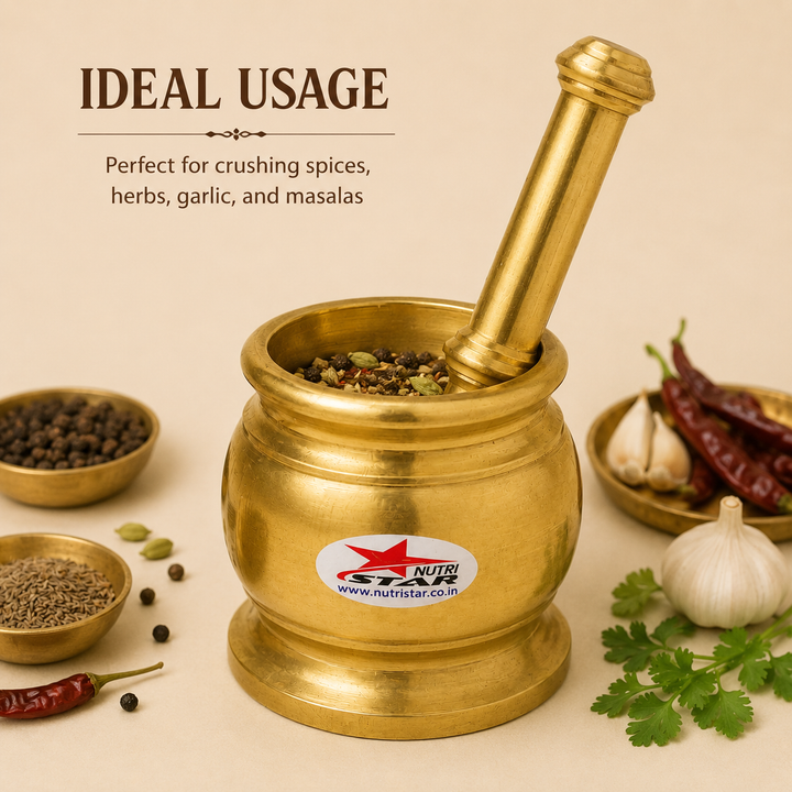 Nutristar brass mortar and pestle Khalbatta set with deep grinding bowl and long pestle