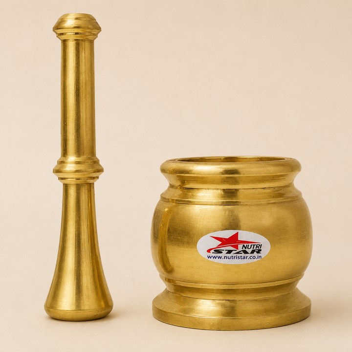 Nutristar brass mortar and pestle Khalbatta set with deep grinding bowl and long pestle
