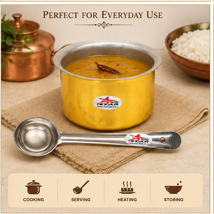 Brass Cooking Pot/Tope with Stainless Steel Lid and Brass Ladle. - size guide