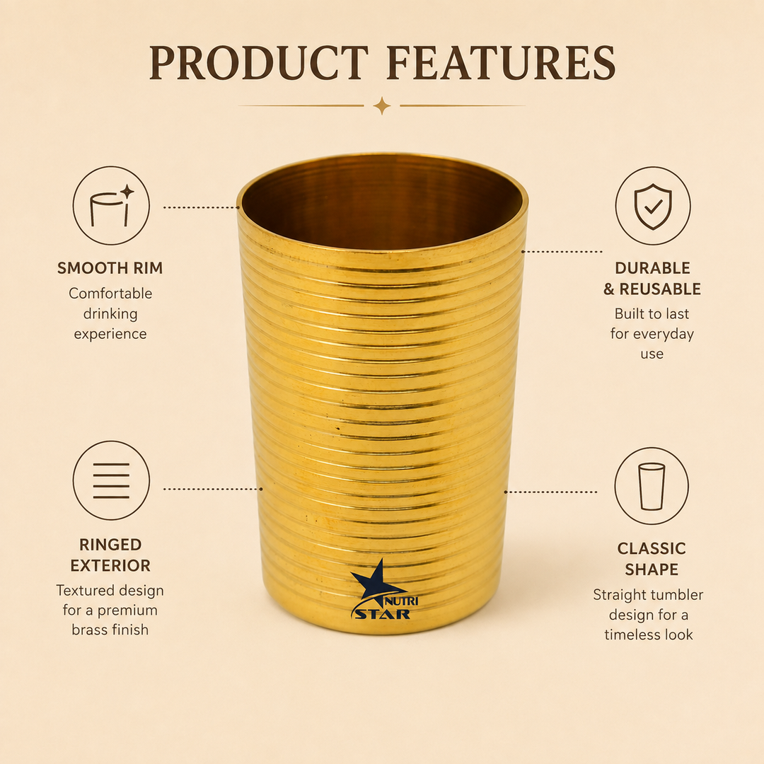 Nutristar brass drinking glass with golden finish and horizontal ribbed design