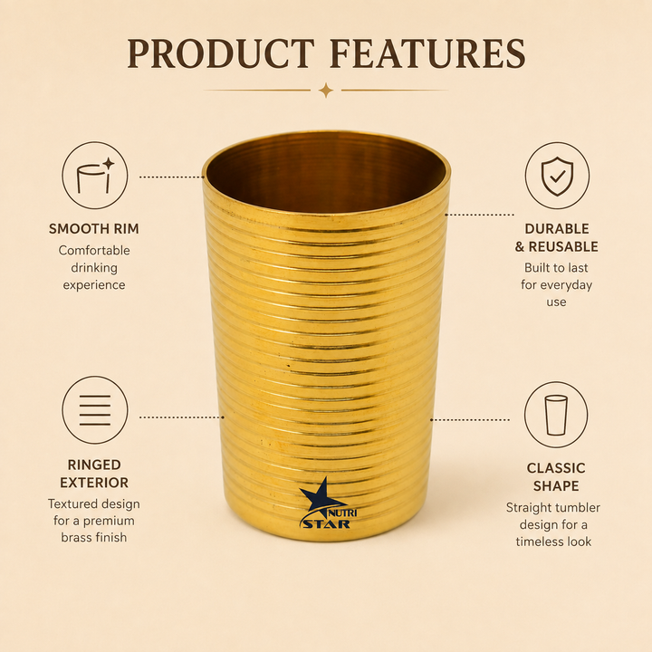Nutristar brass drinking glass with golden finish and horizontal ribbed design