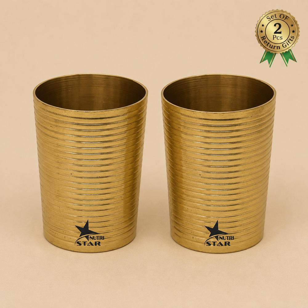 Nutristar brass drinking glass with golden finish and horizontal ribbed design