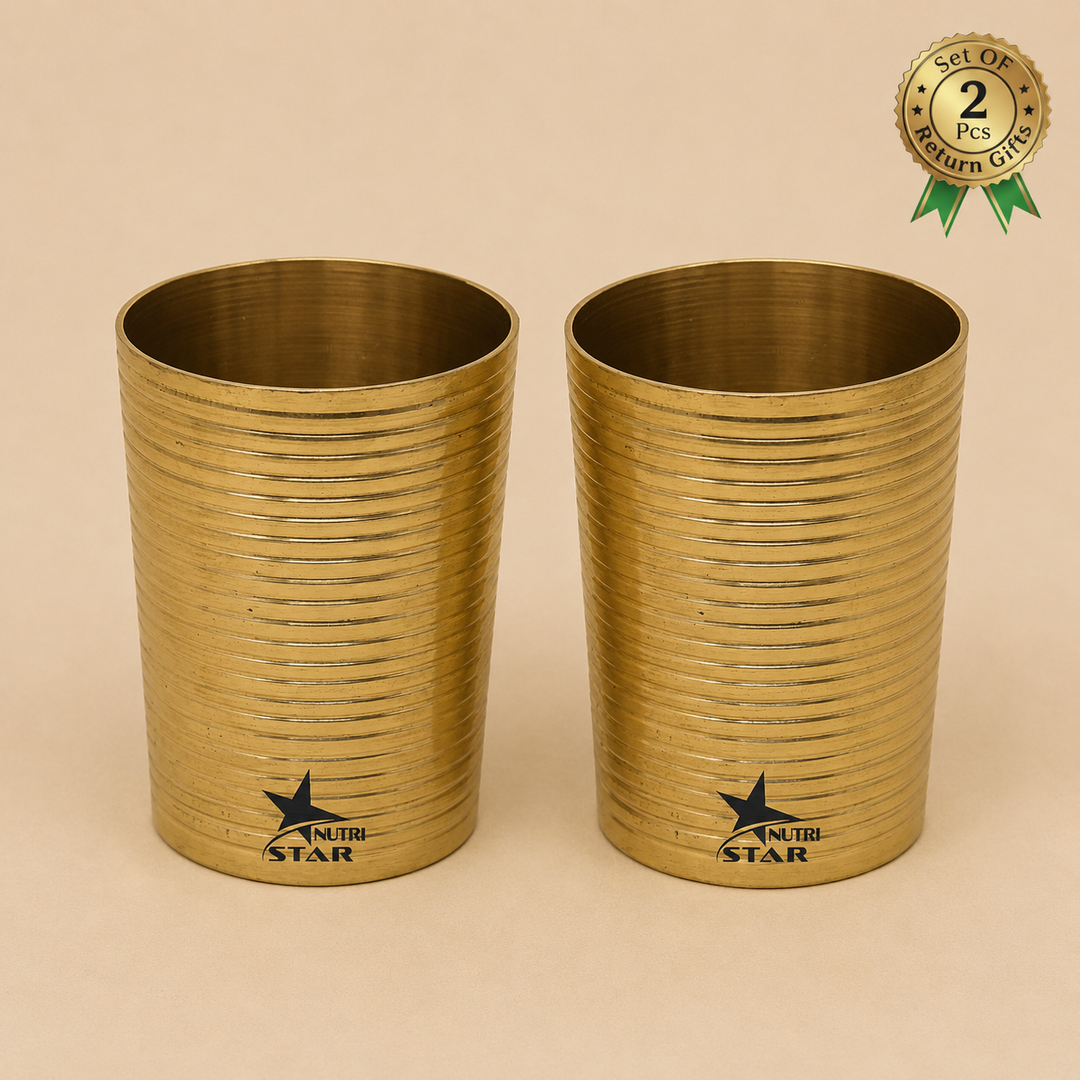 Nutristar brass drinking glass with golden finish and horizontal ribbed design