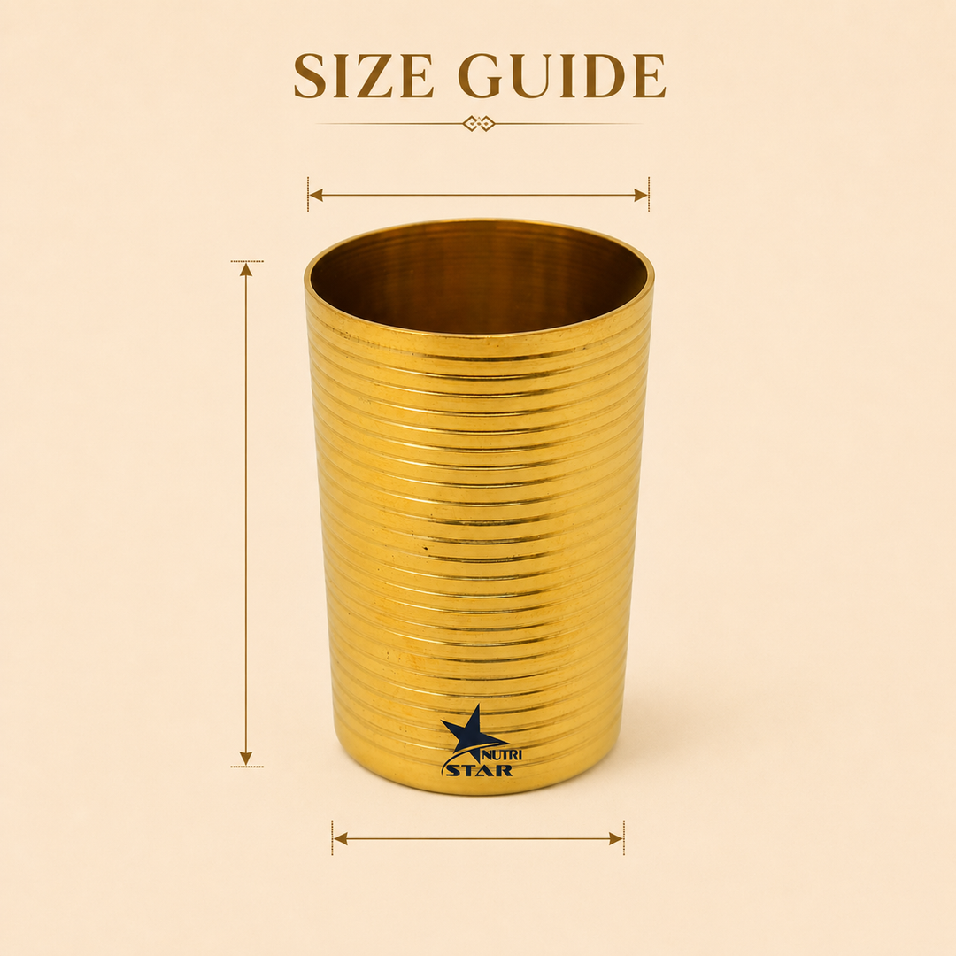 Nutristar brass drinking glass with golden finish and horizontal ribbed design