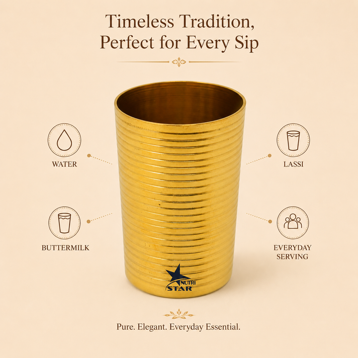 Nutristar brass drinking glass with golden finish and horizontal ribbed design