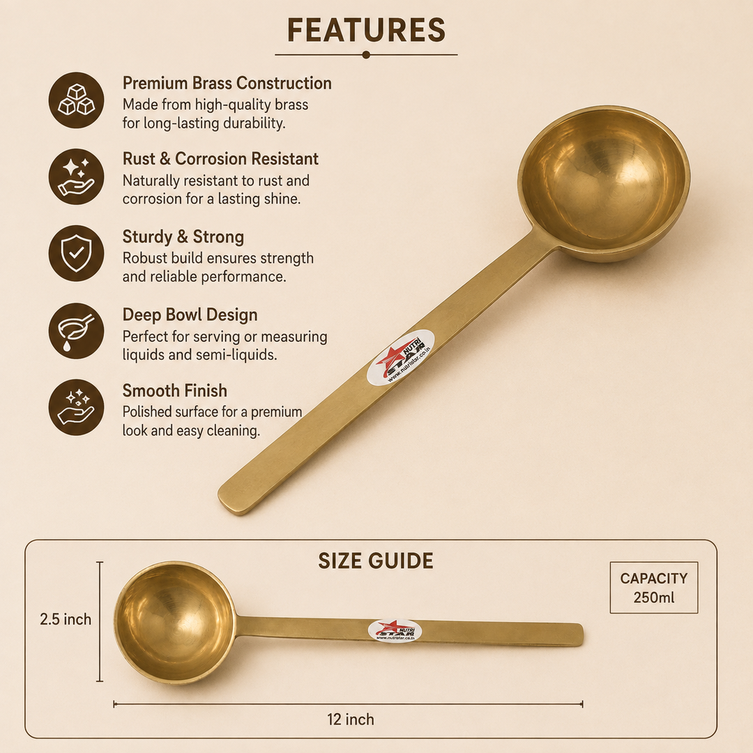 Nutristar brass serving ladle with deep round bowl and long handle for curry, dal and soup