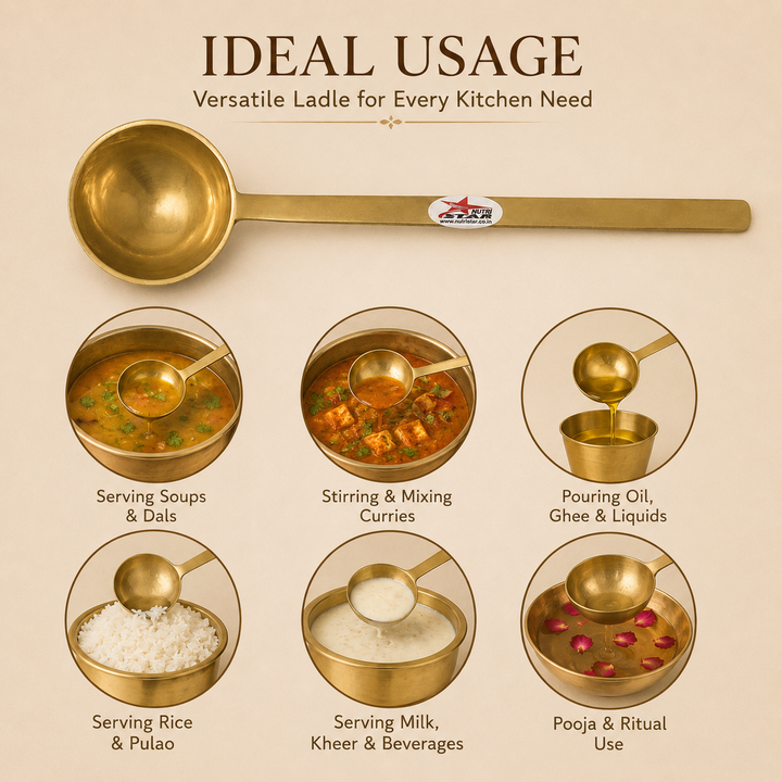 Nutristar brass serving ladle with deep round bowl and long handle for curry, dal and soup