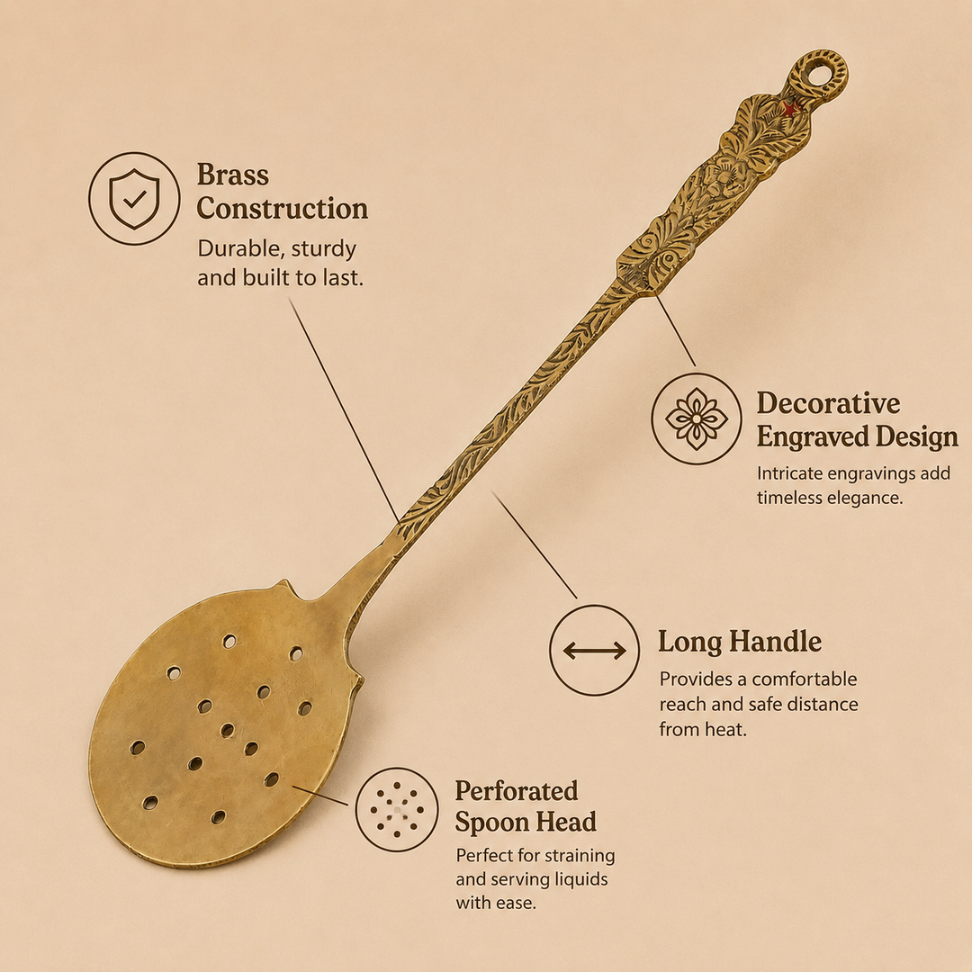 Nutristar brass perforated serving spoon with broad draining head and decorative engraved long handle