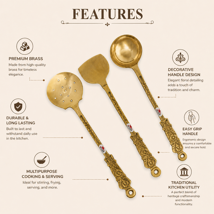 Nutristar brass serving spoon set of 3 with deep ladle, flat spatula and perforated skimmer with decorative handles