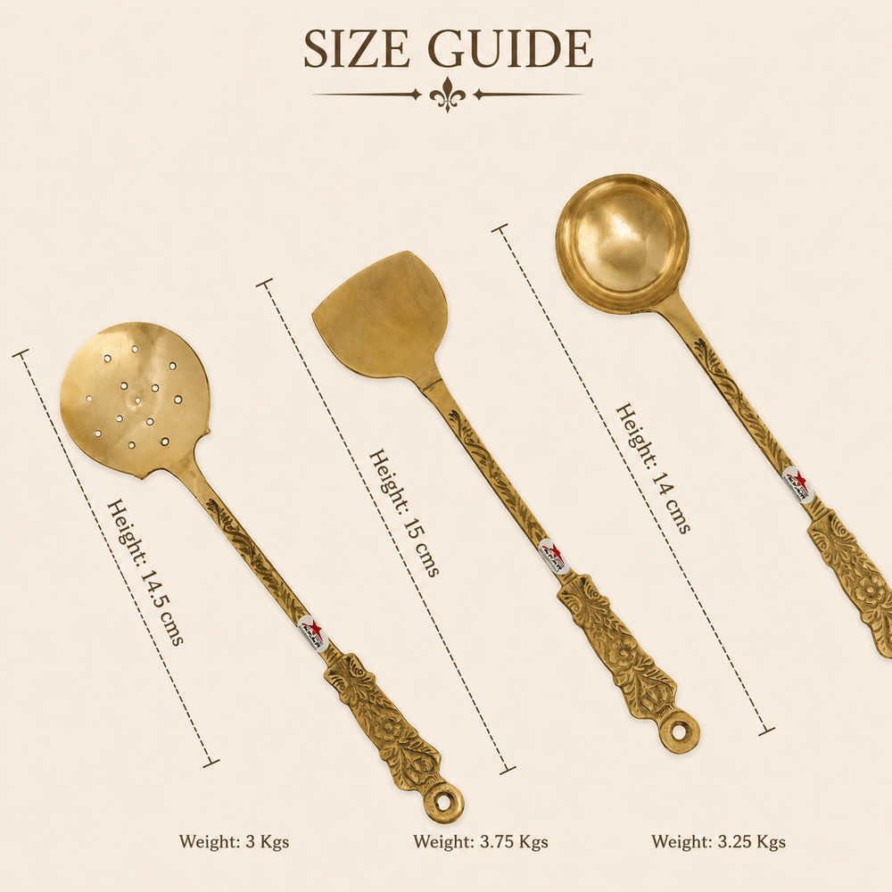Nutristar brass serving spoon set of 3 with deep ladle, flat spatula and perforated skimmer with decorative handles