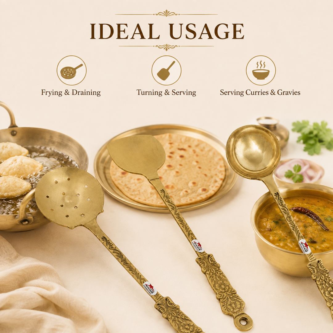 Nutristar brass serving spoon set of 3 with deep ladle, flat spatula and perforated skimmer with decorative handles