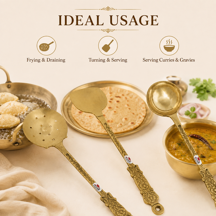Nutristar brass serving spoon set of 3 with deep ladle, flat spatula and perforated skimmer with decorative handles
