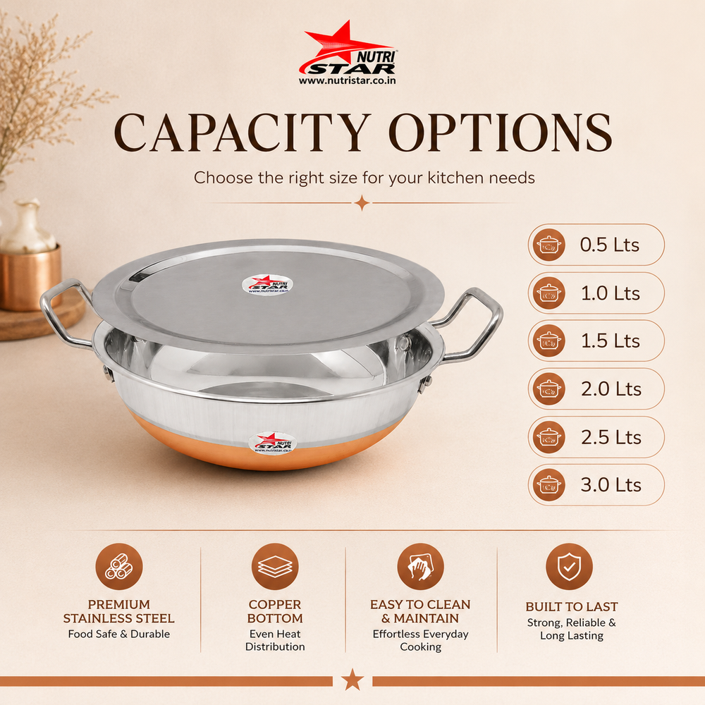 Steel Copper Bottom Kadhai/Wok with Lid, Cookware, Cooking Utensil, Pack of 1. - use
