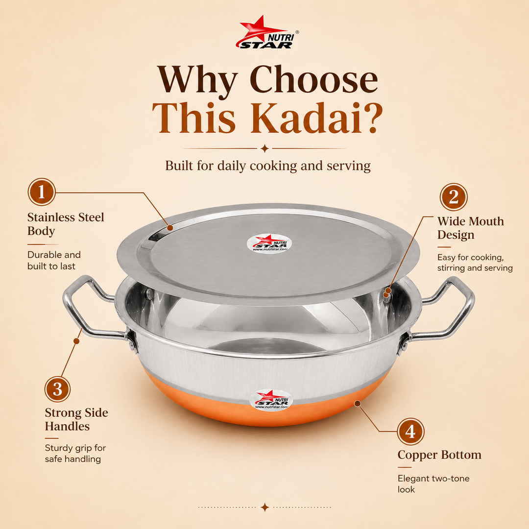 Steel Copper Bottom Kadhai/Wok with Lid, Cookware, Cooking Utensil, Pack of 1. - uses