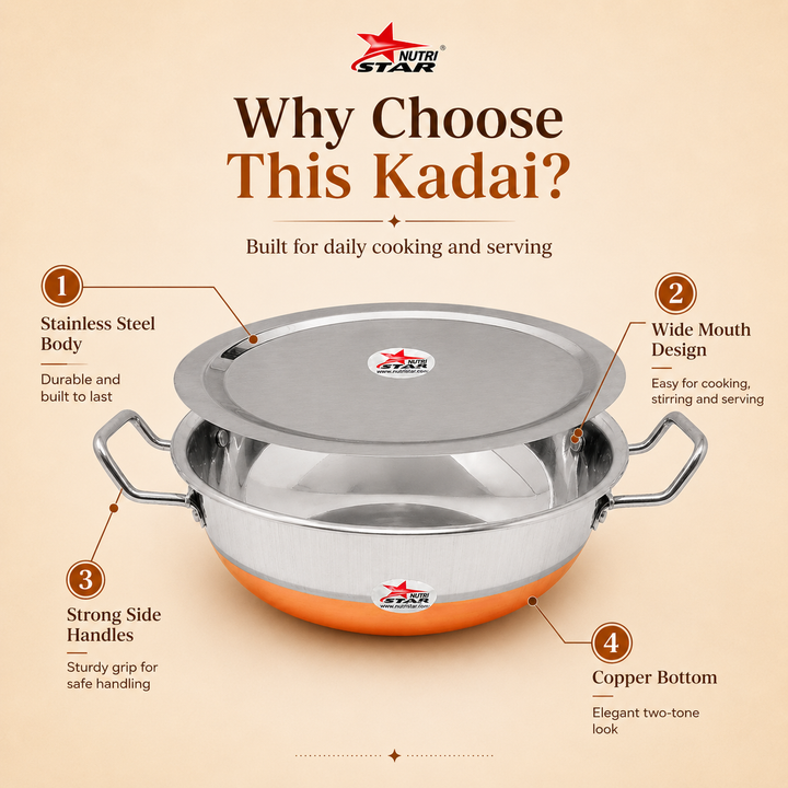 Steel Copper Bottom Kadhai/Wok with Lid, Cookware, Cooking Utensil, Pack of 1. - uses
