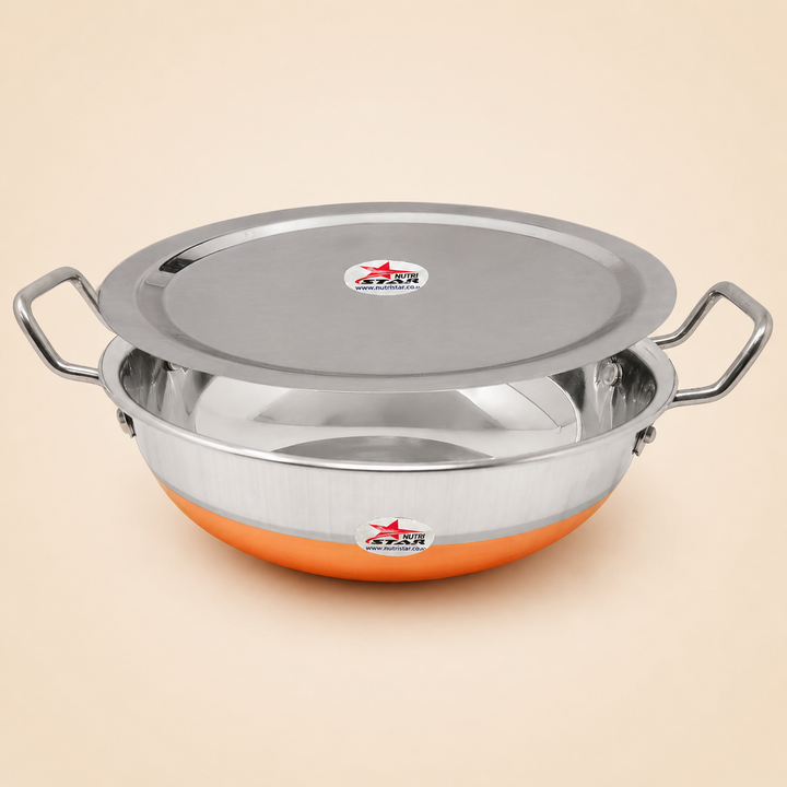 Steel Copper Bottom Kadhai/Wok with Lid, Cookware, Cooking Utensil, Pack of 1. - main product image