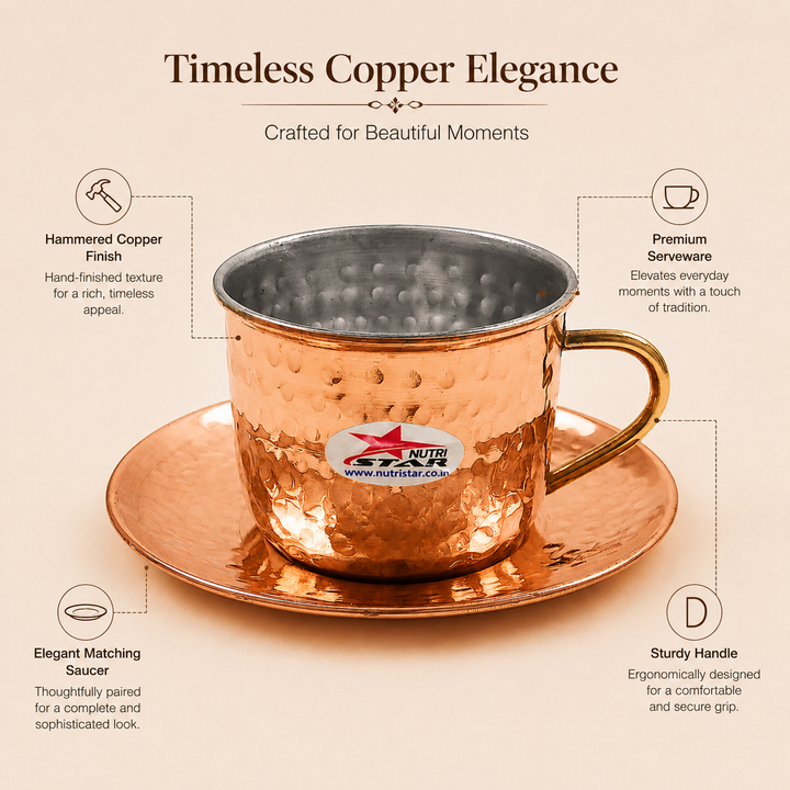 Nutristar hammered copper tea cup with saucer stainless steel inner and brass handle