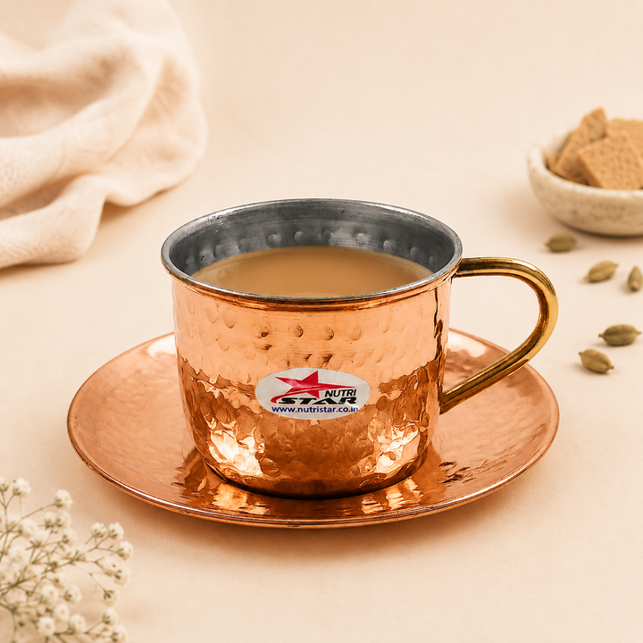 Nutristar hammered copper tea cup with saucer stainless steel inner and brass handle
