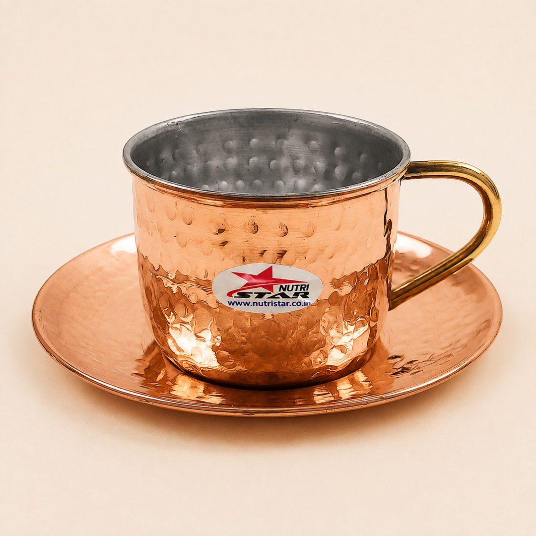 Nutristar hammered copper tea cup with saucer stainless steel inner and brass handle