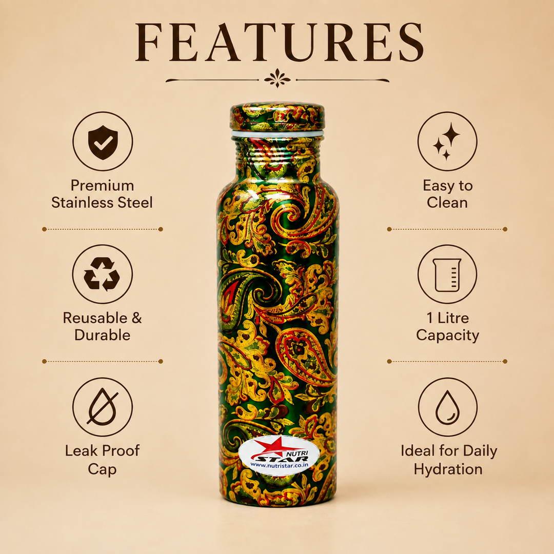 Nutristar designer printed copper water bottle with paisley pattern