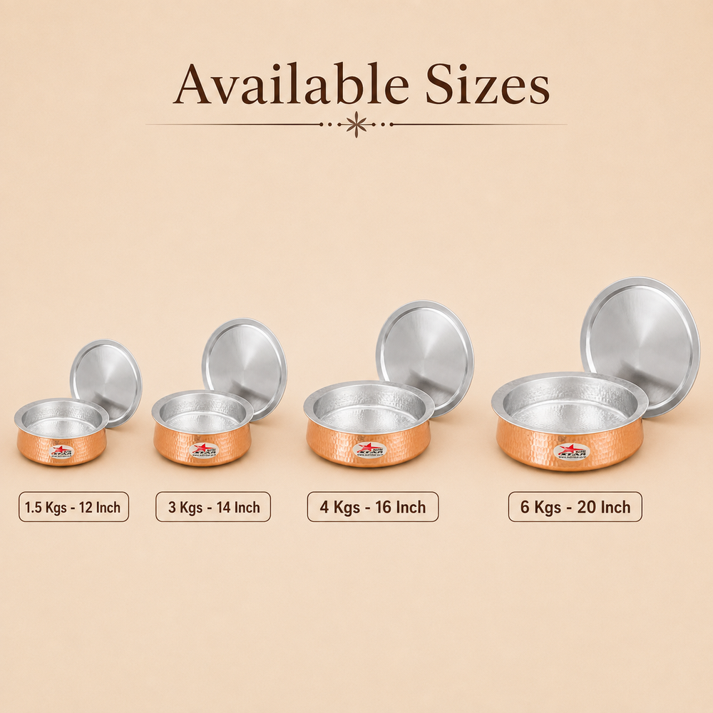 Biryani Handi Copper, Big Copper Biryani Handi Heavy Gauge with Stainless Steel Lid - Tin Coating Kalai Inside Handi - main product image