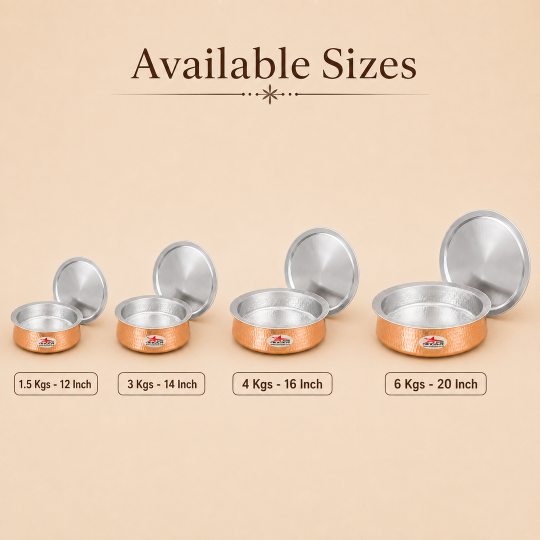 Biryani Handi Copper, Big Copper Biryani Handi Heavy Gauge with Stainless Steel Lid - Tin Coating Kalai Inside Handi - main product image