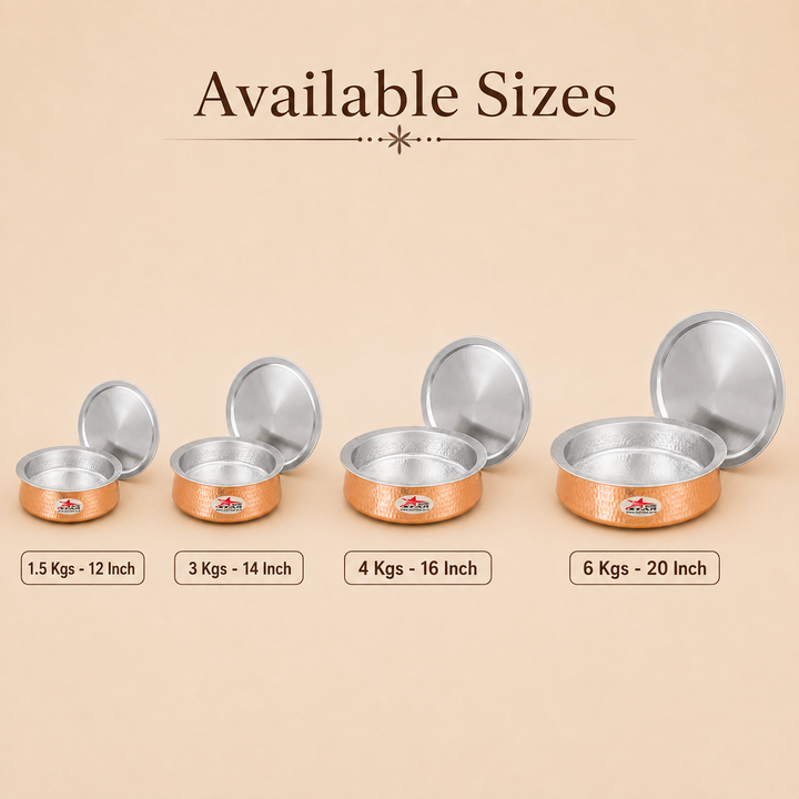 Biryani Handi Copper, Big Copper Biryani Handi Heavy Gauge with Stainless Steel Lid - Tin Coating Kalai Inside Handi - main product image